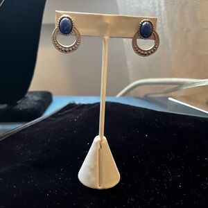 Silver toned Hoop Drop Earrings with Navy Stone